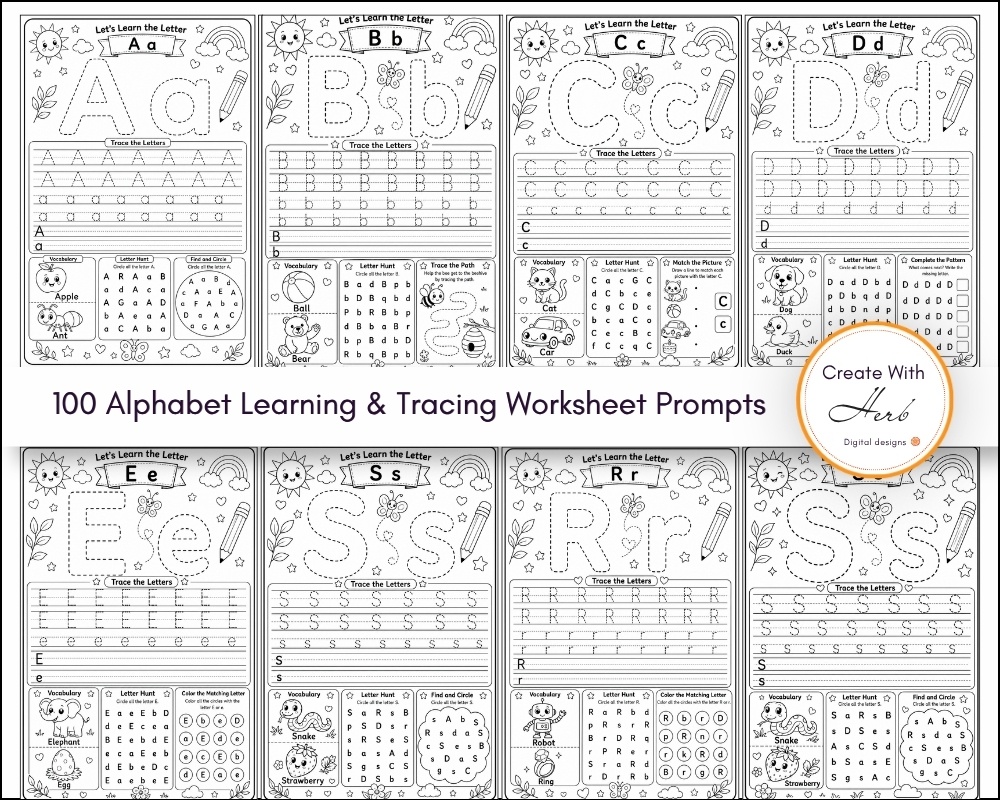 100 Alphabet Learning & Tracing Worksheet Prompts