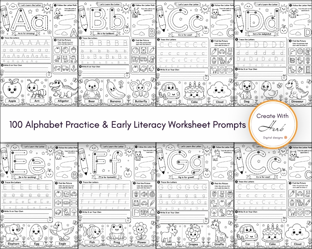 100 Alphabet Practice & Early Literacy Worksheet Prompts