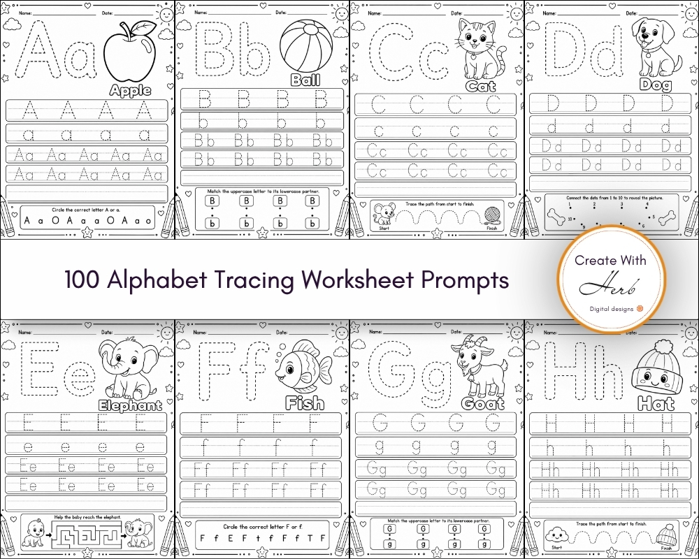 100 Alphabet Tracing Worksheet Prompts