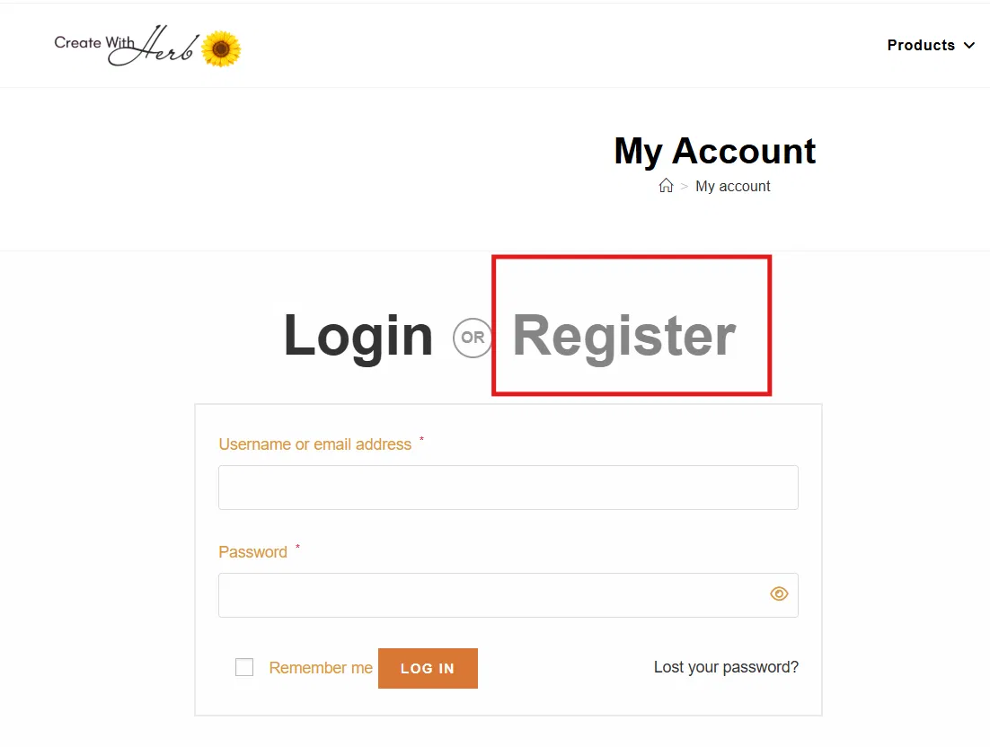 Select the Register tab on the My Account page